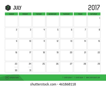 Vector of Calendar 2017 new year, July with green bar color and clean modern style template ,Week start at Sunday.,size 21 x 16 cm 
