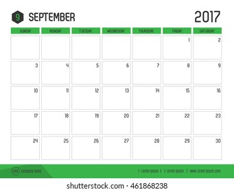 Vector of Calendar 2017 new year, September with green bar color and clean modern style template ,Week start at Sunday, size 21x16 cm