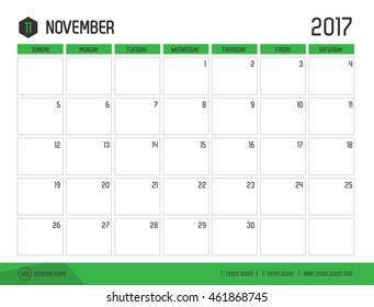 Vector of Calendar 2017 new year, November with green bar color and clean modern style template ,Week start at Sunday., size 21x16 cm