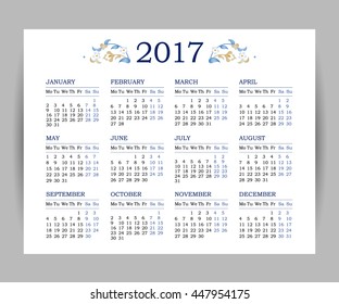 Vector calendar for 2017 on white background. Floral decor. Template with week starts Monday. 