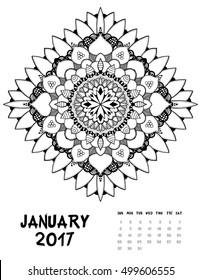 Vector calendar 2017. Ornament card with mandala. Calendar made in vector. Colorful design for any other kind of design, birthday and other holiday, kaleidoscope, yoga, India