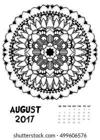 Vector calendar 2017. Ornament card with mandala. Calendar made in vector. Colorful design for any other kind of design, birthday and other holiday, kaleidoscope, yoga, India
