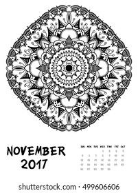 Vector calendar 2017. Ornament card with mandala. Calendar made in vector. Colorful design for any other kind of design, birthday and other holiday, kaleidoscope, yoga, India
