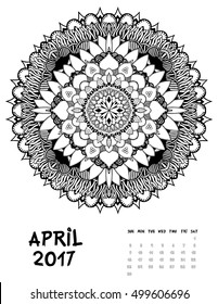 Vector calendar 2017. Ornament card with mandala. Calendar made in vector. Colorful design for any other kind of design, birthday and other holiday, kaleidoscope, yoga, India