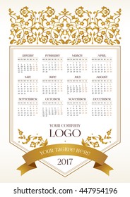 Vector calendar for 2017. Ornate decorated calendar grid. Golden floral decor, place for company logo and tagline, slogan. Template with week starts Monday.