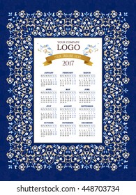 Vector calendar for 2017. Ornate decorated calendar grid. Bright floral decor, place for company logo and tagline, slogan. Template with week starts Monday.