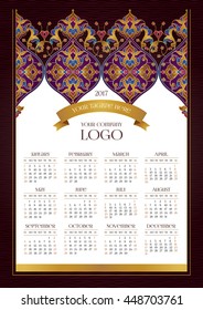 Vector calendar for 2017. Ornate decorated calendar grid. Bright floral decor, place for company logo and tagline, slogan. Template with week starts Monday.