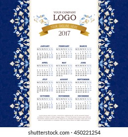 Vector calendar for 2017. Ornate decorated calendar grid. Bright floral decor, place for company logo and tagline, slogan. Template with week starts Monday.