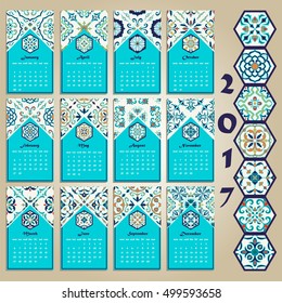 Vector calendar 2017. Portuguese, Azulejo, Moroccan; Spanish; Arabic; asian ornaments. Geometric and floral motifs