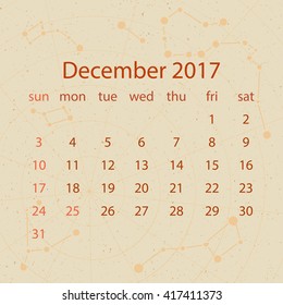 Vector calendar for 2017 in the retro style. Calendar for the month of December with the image of the constellations on beige scratched background. Elements for creative design ideas of your calendar