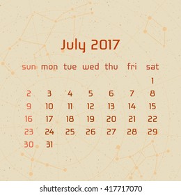 Vector calendar for 2017 in the retro style. Calendar for the month of July with the image of the constellations on beige scratched background. Elements for creative design ideas of your calendar