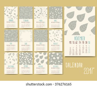 Vector calendar for 2017. Set of 12 months, 12 Doodle patterns.