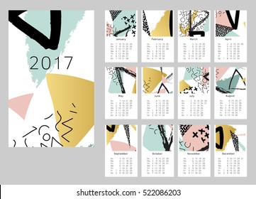 Vector calendar for 2017. Set of 12 months, 12 Doodle patterns. Week Starts Sunday. Calendar for 2017 vector template with abstract art pattern.