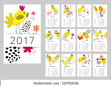 Vector calendar for 2017. Set of 12 months, rooster. Week Starts Sunday. Rooster, symbol of New 2017 - according to Chinese calendar Year of red fiery cock. Vector clipart editable and scalable