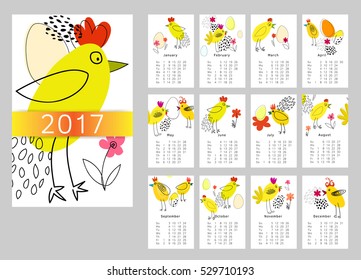 Vector calendar for 2017. Set of 12 months, rooster. Week Starts Sunday. Rooster, symbol of New 2017 - according to Chinese calendar Year of red fiery cock. Vector clipart editable and scalable