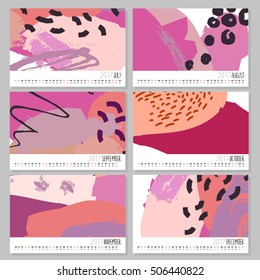 Vector calendar for 2017. Set of 6 months, 6 Doodle patterns. Week Starts Sunday. Calendar for 2017 vector template with abstract art pattern.