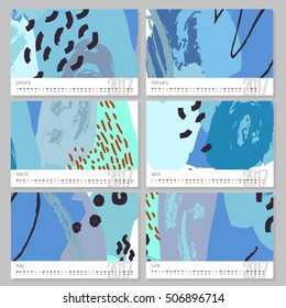 Vector calendar for 2017. Set of 6 months, 6 Doodle patterns. Week Starts Sunday. Calendar for 2017 vector template with abstract art pattern.