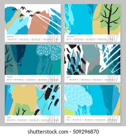 Vector calendar for 2017. Set of 6 months, 6 Doodle patterns. Week Starts Sunday. Calendar for 2017 vector template with abstract art pattern.