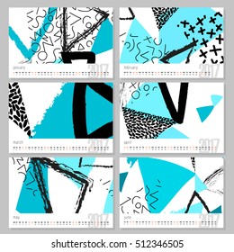 Vector calendar for 2017. Set of 6 months, 6 Doodle patterns. Week Starts Sunday. Calendar for 2017 vector template with abstract art pattern.