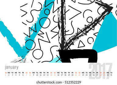 Vector calendar for 2017. Set of 6 months, 6 Doodle patterns. Week Starts Sunday. Calendar for 2017 vector template with abstract art pattern.