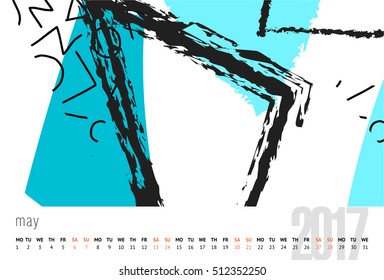 Vector calendar for 2017. Set of 6 months, 6 Doodle patterns. Week Starts Sunday. Calendar for 2017 vector template with abstract art pattern.