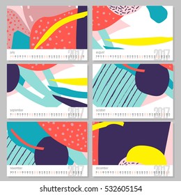 Vector calendar for 2017. Set of 6 months, 6 Doodle patterns. Week Starts Sunday. Calendar for 2017 vector template with abstract art pattern.