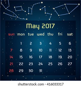 Vector calendar for 2017 in the space style. Calendar for the month of May with the image of the constellations in the night starry sky. Elements for creative design ideas of your calendar