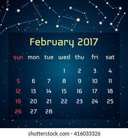 Vector calendar for 2017 in the space style. Calendar for the month of Fabruary with the image of the constellations in the night starry sky. Elements for creative design ideas of your calendar