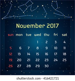 Vector calendar for 2017 in the space style. Calendar for the month of November with the image of the constellations in the night starry sky. Elements for creative design ideas of your calendar