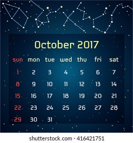 Vector calendar for 2017 in the space style. Calendar for the month of October with the image of the constellations in the night starry sky. Elements for creative design ideas of your calendar