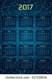 Vector calendar for 2017 in the space style. Calendar with the image of the constellations in the night starry sky. 