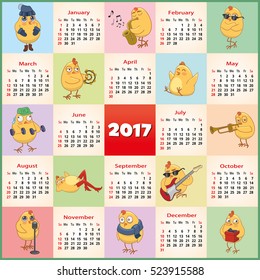 vector calendar 2017 with the symbol of the year. set of active chickens