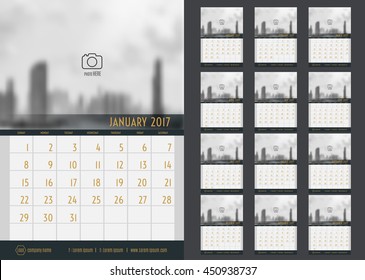 Vector of Calendar 2017 year ,12 month calendar set with modern style,week start at Sunday,Template for place your photo