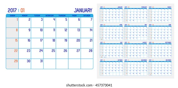 Vector of Calendar 2017 year ,12 month calendar with simple basic grid clean style,week start at Sunday