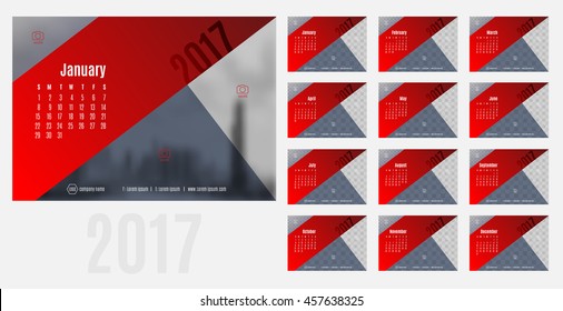 Vector of Calendar 2017 year ,12 month calendar with modern red and blue triangle style,week start at Sunday,Template for place your photo.