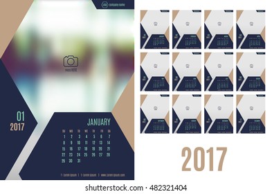 Vector of Calendar 2017 year ,12 month with modern navy blue color style,week start at Sunday,Template for place your photo