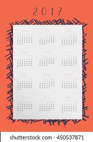 Vector Calendar of 2017 year in a4 ratio,All 12 month on white paper with doodle abstract frame on red-orange background,week start at Sunday