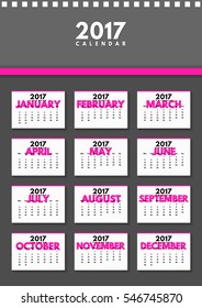 Vector calendar for 2017 year. All months. Pink color.