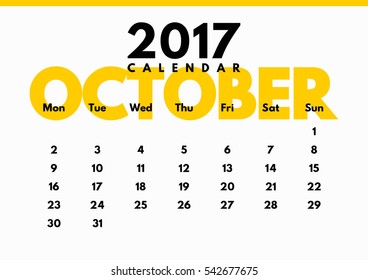 Vector calendar for 2017 year. The month of October. 