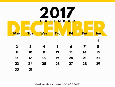 Vector calendar for 2017 year. The month of December.