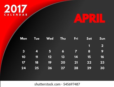 Vector calendar for 2017 year. The month of April. Black background.