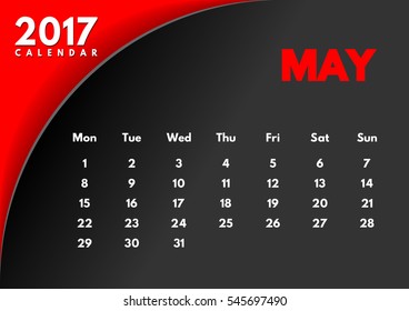 Vector calendar for 2017 year. The month of May. Black background.