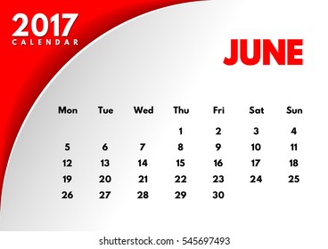 Vector calendar for 2017 year. The month of June. White background.