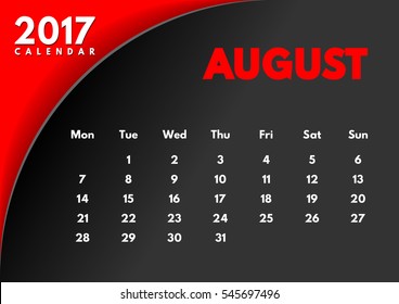 Vector calendar for 2017 year. The month of August. Black background.
