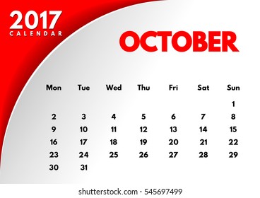 Vector calendar for 2017 year. The month of October. White background.