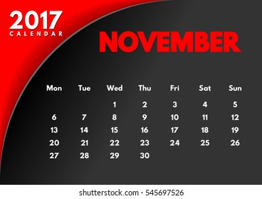 Vector calendar for 2017 year. The month of November. Black background.