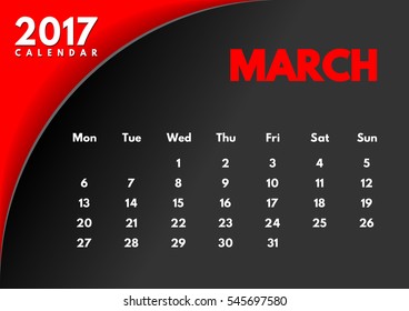 Vector calendar for 2017 year. The month of March. Black background.