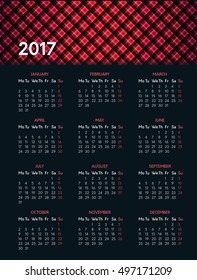 Vector calendar for 2017 year on dark background with shiny red pattern in header. Week starts on monday