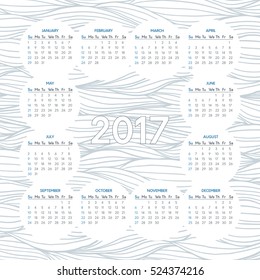 Vector calendar for 2017 year on background of wavy lines monochrome pattern. Week starts on sunday