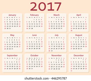 Vector calendar 2017 year. Week starts from Sunday.